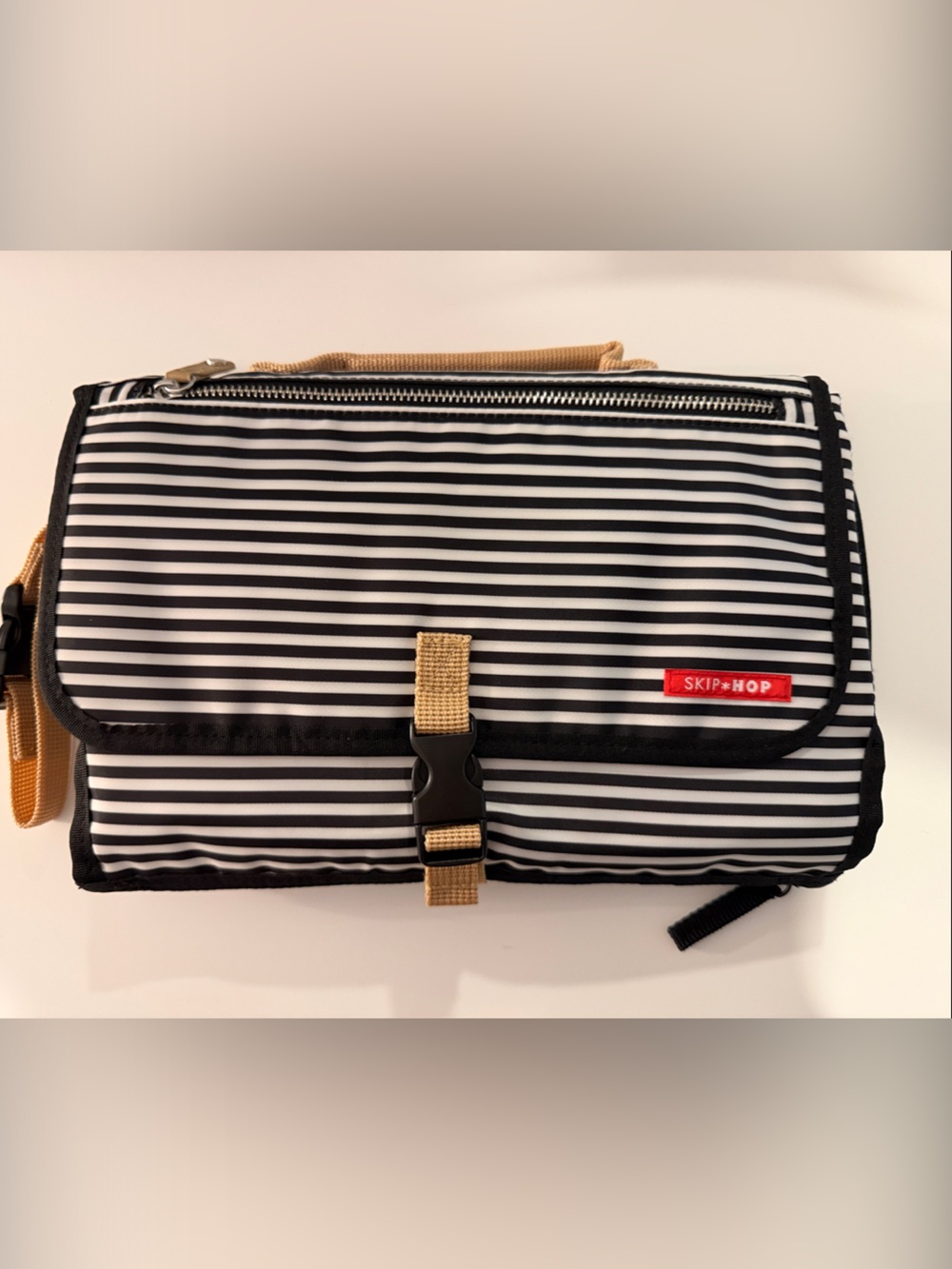 Skip Hop Black & White Striped Changing Pad with Tan Strap - NWOT
